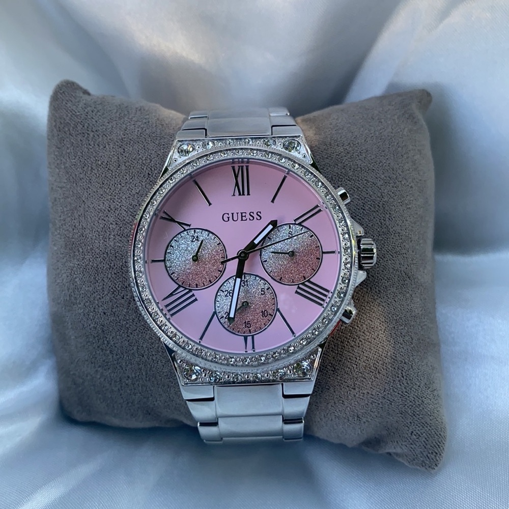 New GUESS Silver & Pink Chronograph Watch